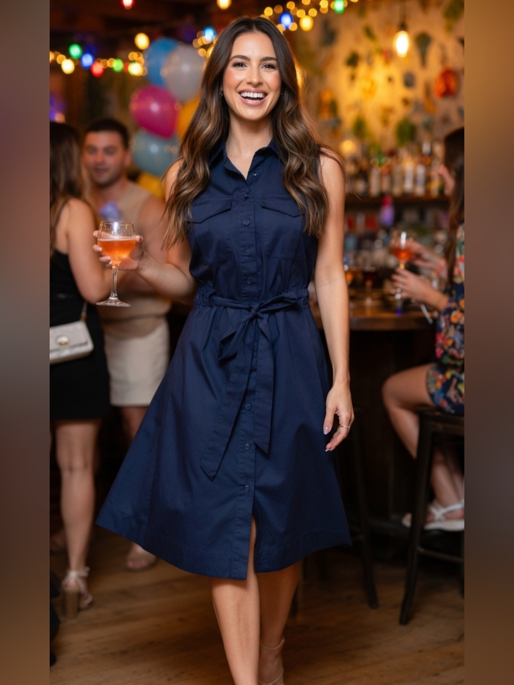 MARLED NAVY BLUE Button Down Elastic Waist Toe Front Shirt Dress Medium